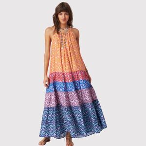 Xirena Womens Dress Orange Viv Fiesta Maxi Patchwork Silk Tiered Flowy Boho XS